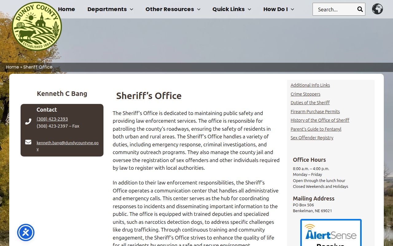 Dundy County Sheriff Office contact page and public service information