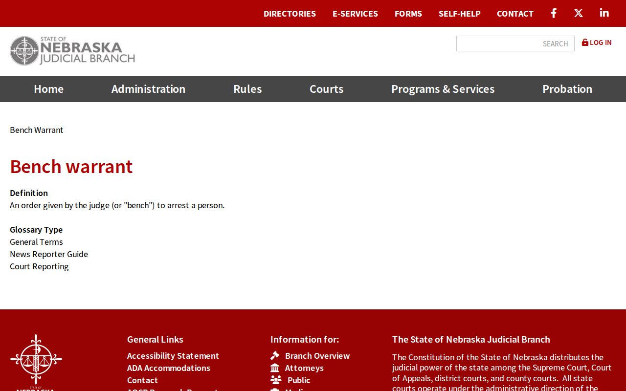Nebraska Judicial Branch bench warrant glossary page