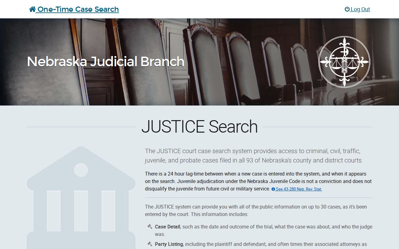 Nebraska JUSTICE name-search interface for Dundy County case records
